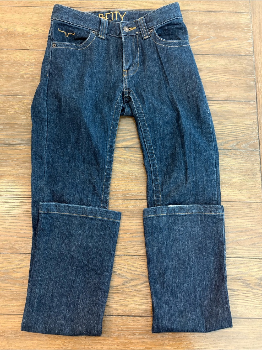 Kimes Ranch Betty Dark Blue Bootcut Jeans with Yellow Stitching Size 00/34 - Picture 2 of 5